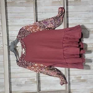 UMGEE waffle knit floral sleeves Boho top